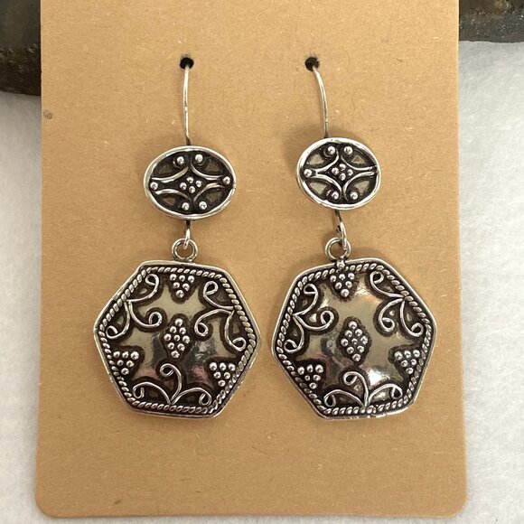 VTG Sterling Silver 925 Etruscan Moroccan Style Hexagonal Drop Dangle Earrings - Picture 1 of 16